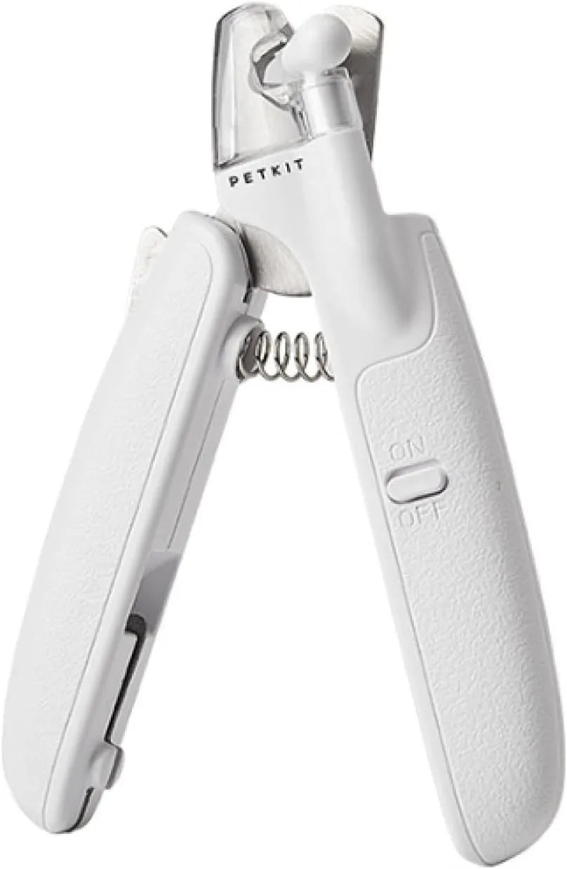 White LED pet nail clippers for dogs and cats with a transparent safety guard and leather-like handle.