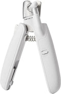White LED pet nail clippers for dogs and cats with a transparent safety guard and leather-like handle.