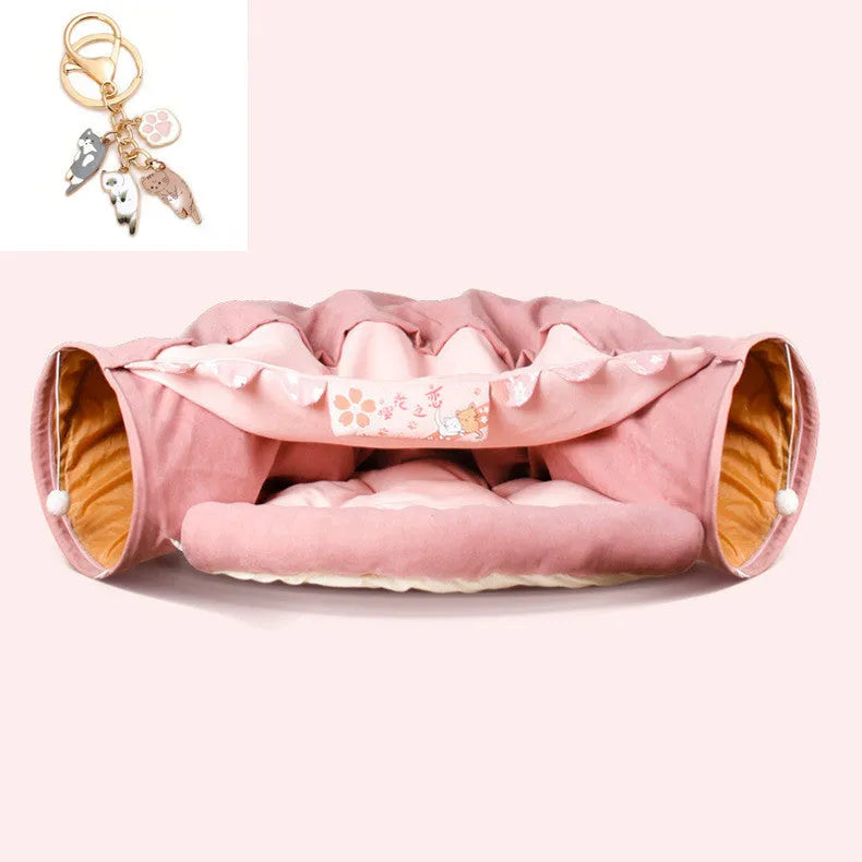 Collapsible blue cloth cat tunnel measuring 45cm long for indoor feline play