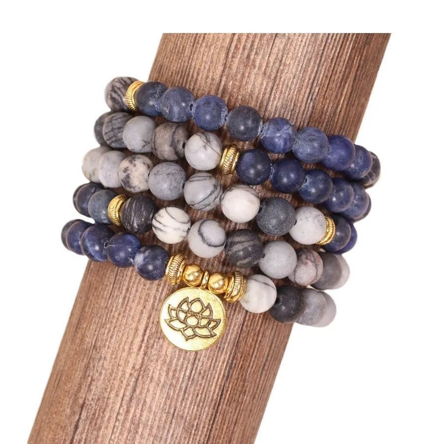 Blue patterned network stone beads on multi layer alloy bracelet