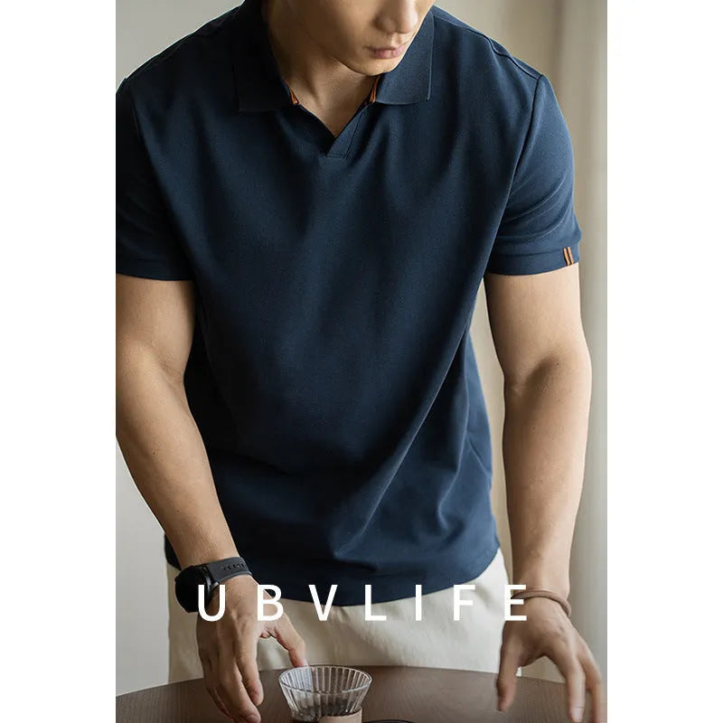 American-style men's short-sleeve polo shirt in blue cotton-polyester fabric