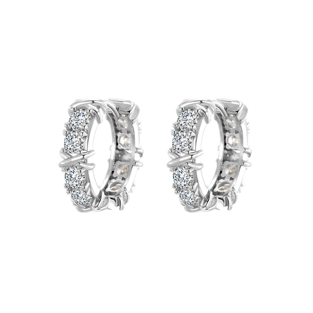 Geometric hexagonal earrings with clover cross design and elliptical accents in electroplated silver or gold finish