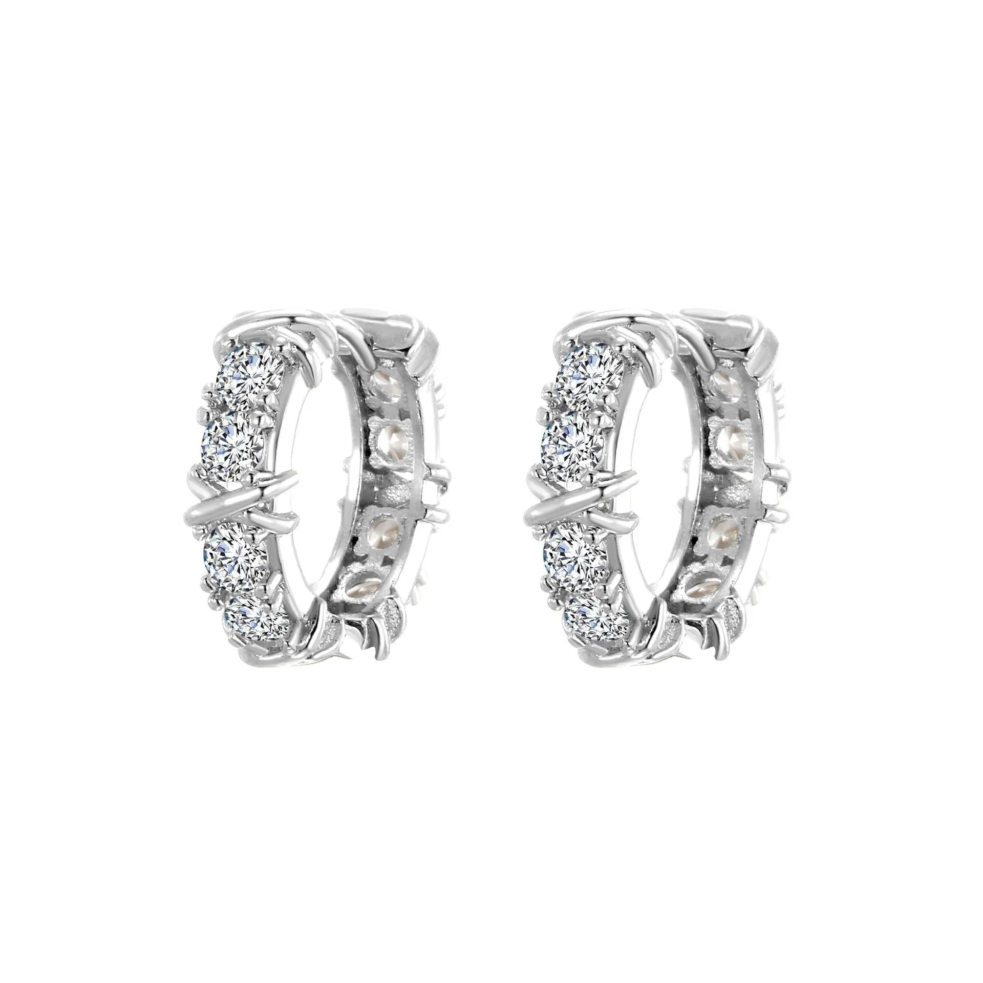 Geometric hexagonal earrings with clover cross design and elliptical accents in electroplated silver or gold finish