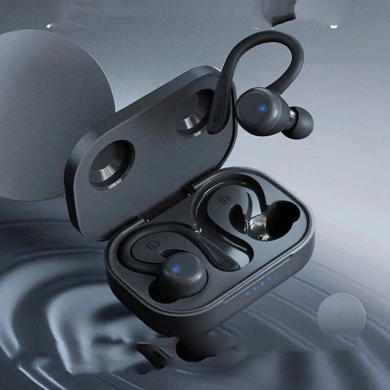 Black hanging ear true wireless headphones with removable ear hooks and multiple earbud sizes