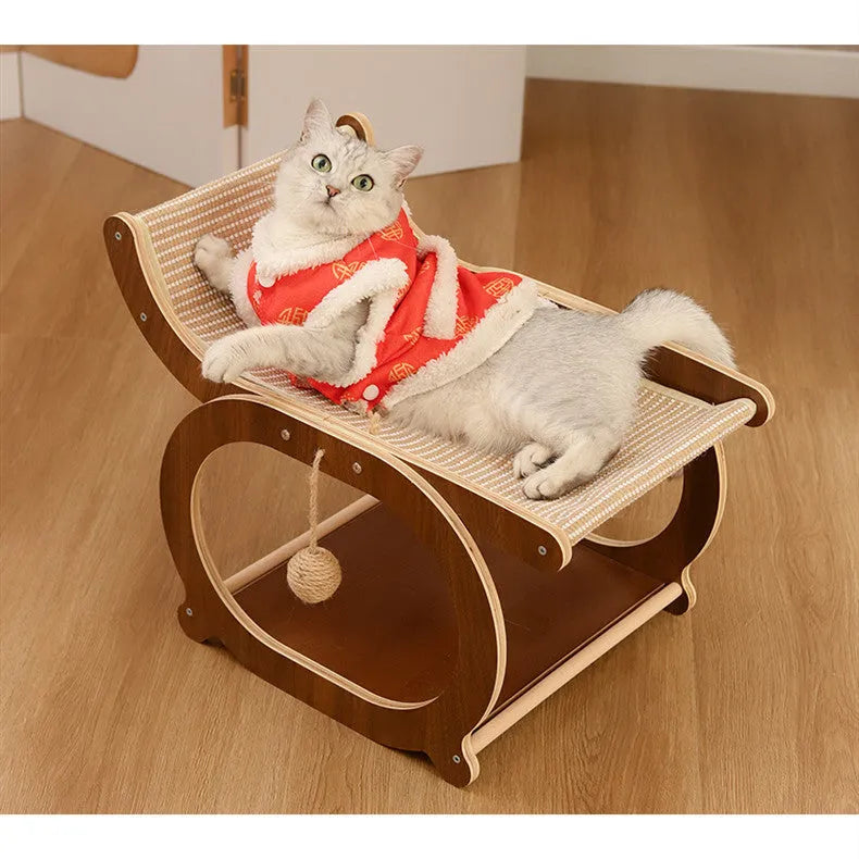 Solid wood cat scratcher bed with sisal scratching surface in natural wood finish