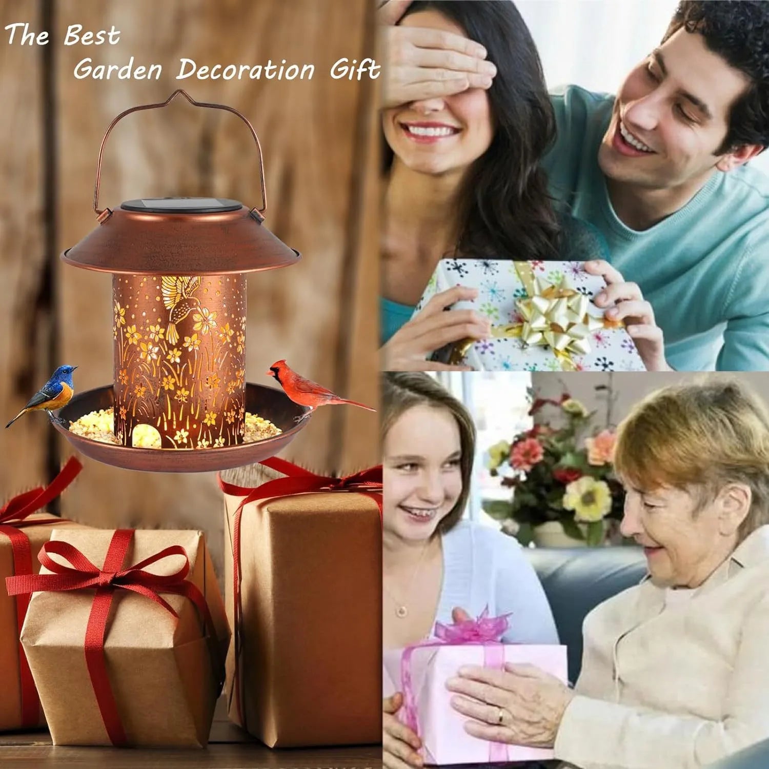 Solar-powered iron art hummingbird bird feeder with waterproof finish for outdoor gardens.