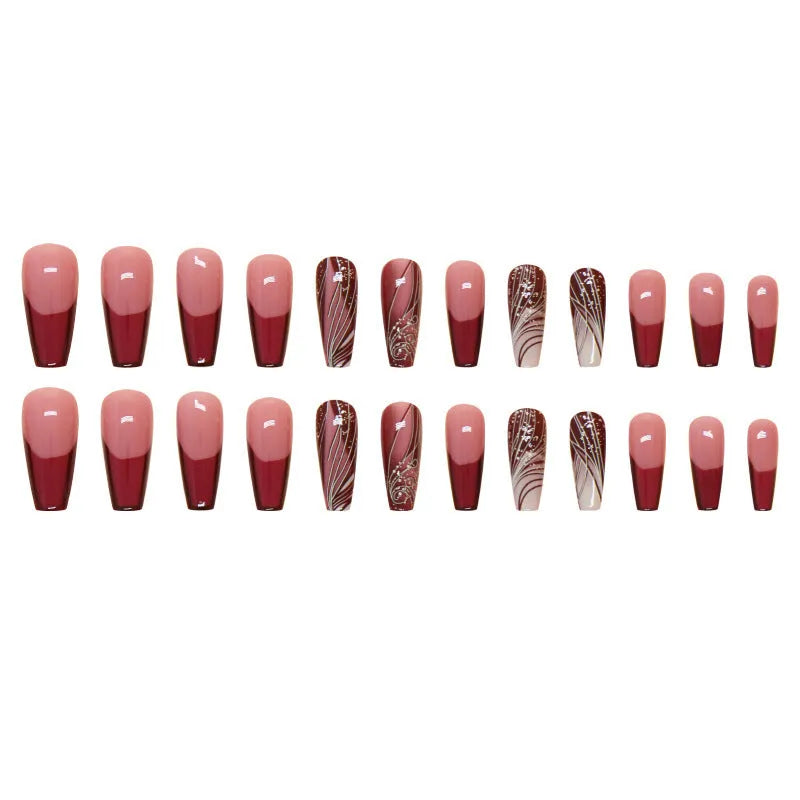 24 false nails with French line pattern and adhesive glue tube