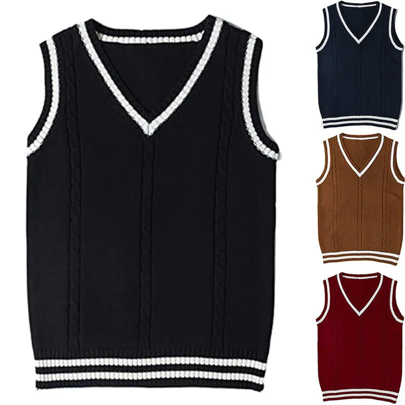 Women's slim fit V-neck waistcoat sweater with striped stitching in acrylic knit
