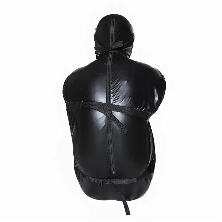 Black patent leather bondage set with nostril clothing and six ratchet tie down wraps