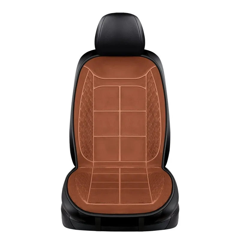 Car seat heating cushion in beige colour on a vehicle seat, showcasing its auto heating function and cotton filler.