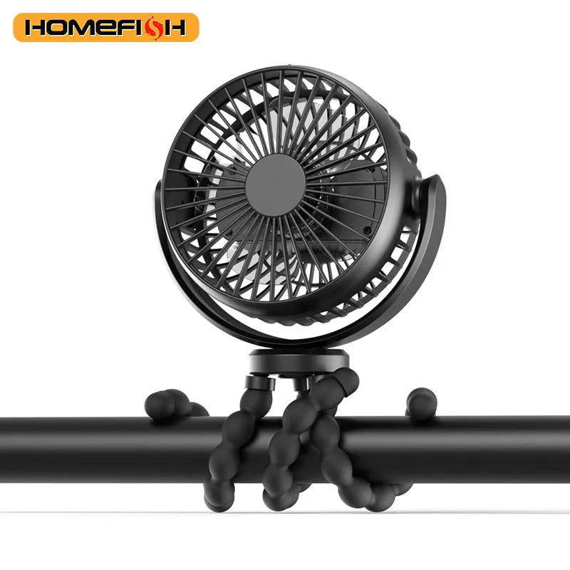 HOMEFISH F2 automatic shake head fan with LED light and removable bracket on a table.