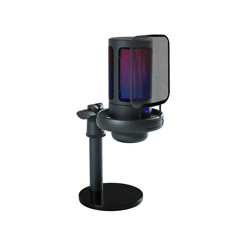 USB condenser microphone with RGB lighting on cantilever stand for professional recording