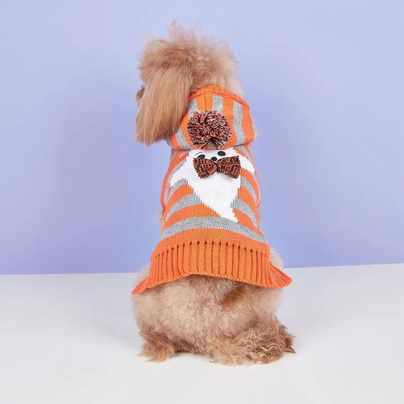 Orange striped hooded pet sweater with fur ball trim on a mannequin, sizes XS to L.