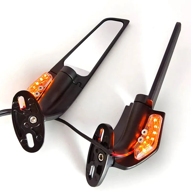 SH-620-5 motorcycle rearview mirror with yellow LED light, aluminium alloy housing, and convex glass lens.