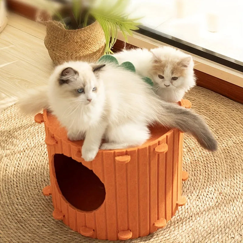 Carrot-shaped grey felt cat nest tunnel for cats, showing semi-enclosed design and drilled holes.
