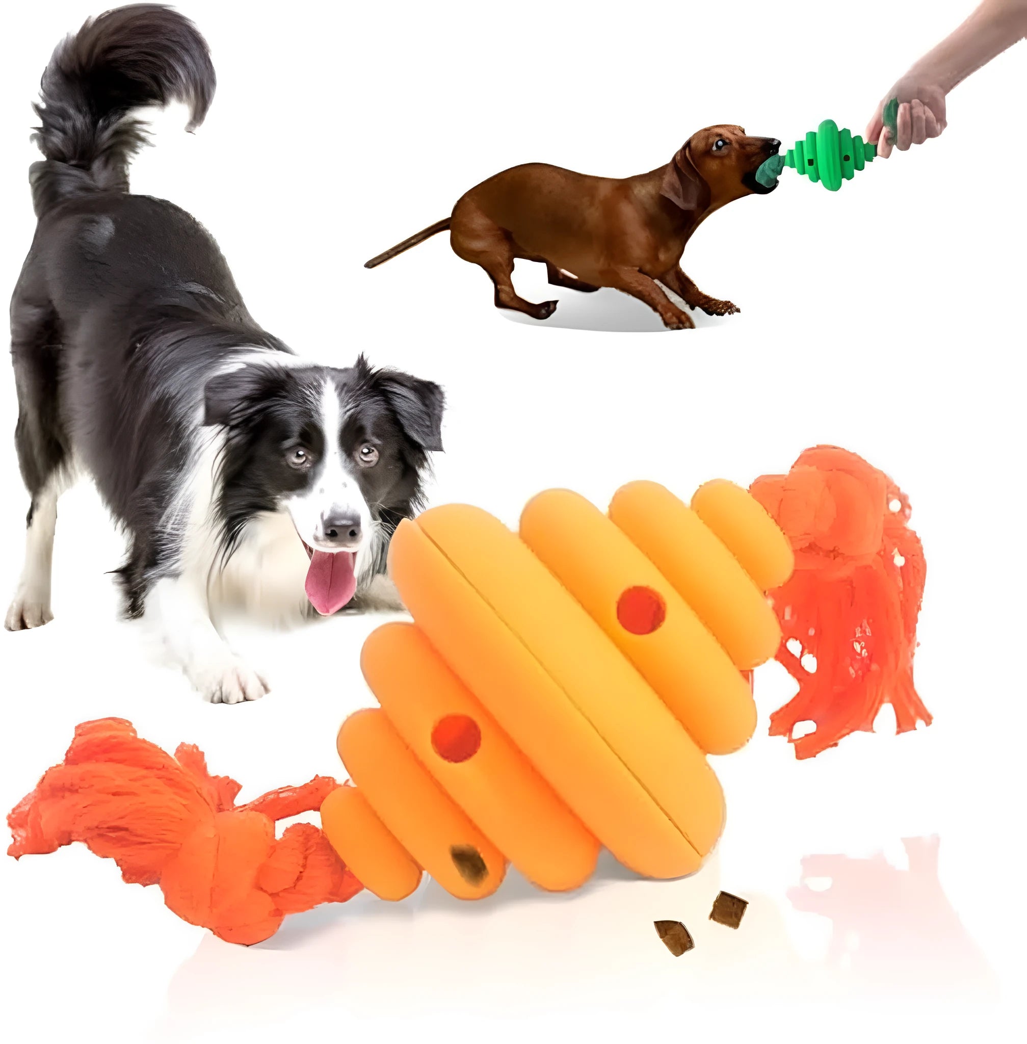 Green and yellow silicone dog ball with integrated rope, shown as a food-dispensing chew and tug toy.