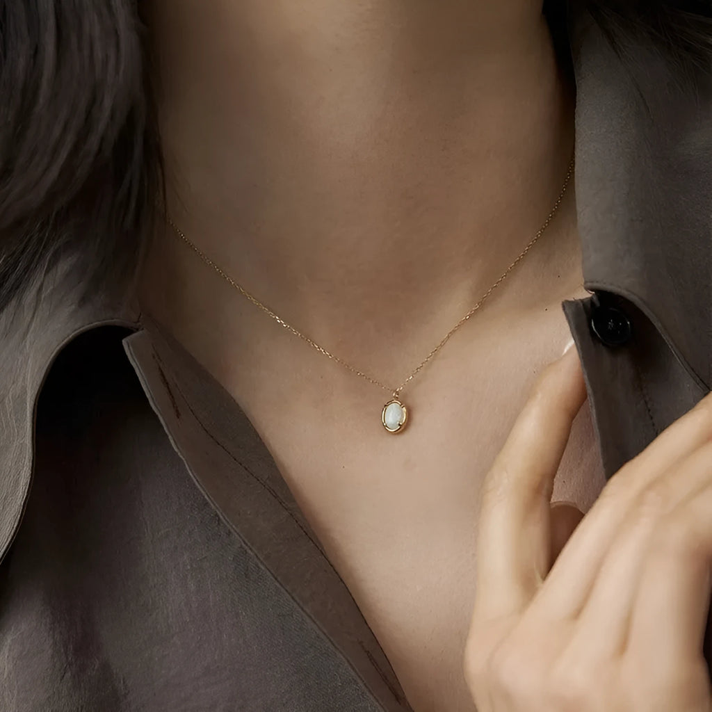 S925 silver plating geometric oval jelly opal pendant necklace with 14K gold or white gold colour options