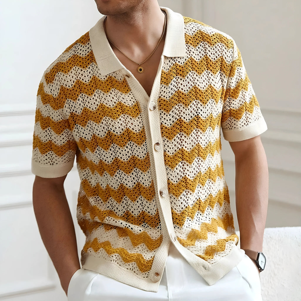 American-style hollow jacquard corrugated short sleeve summer sweater in yellow, blue, or brown colours
