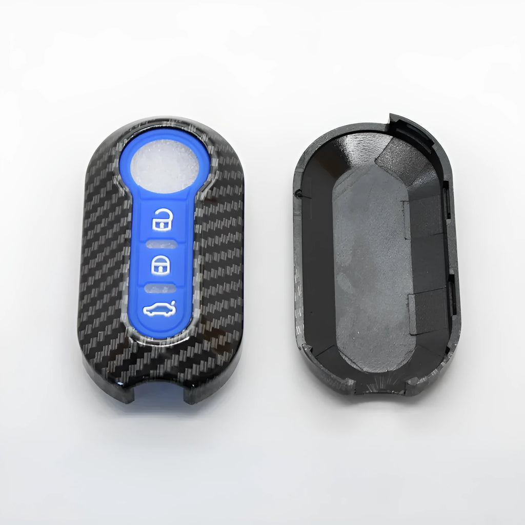 Fiat 500 car key replacement case in black, red, and dark blue colours showing carbon fibre pattern