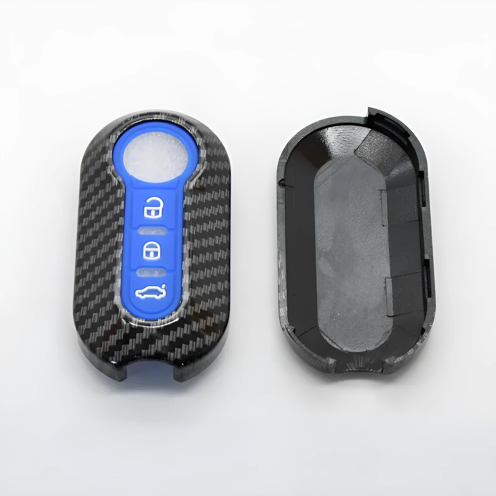 Fiat 500 car key replacement case in black, red, and dark blue colours showing carbon fibre pattern