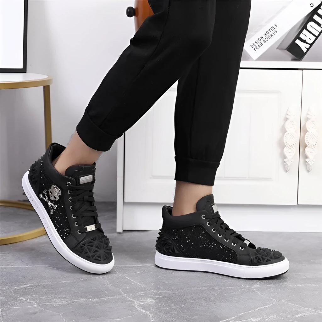 Men's black genuine leather high top skeleton shoes with lace-up closure and round toe design
