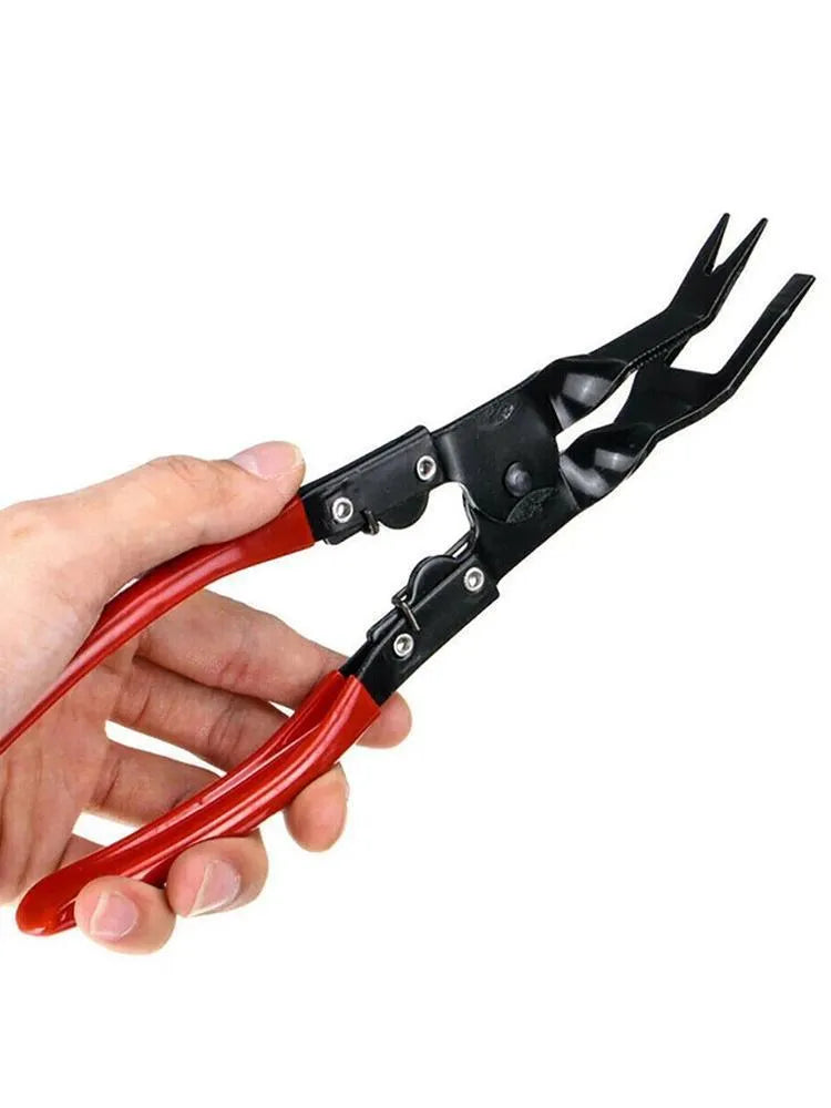 Blue steel automotive clamp removal pliers tool with 235mm length on a workbench.