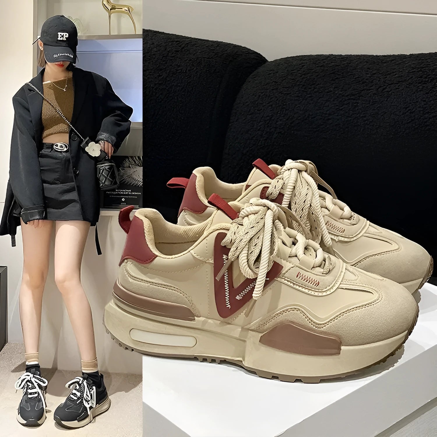 Women's black retro platform sports shoes with chunky rubber soles and lace-up closure