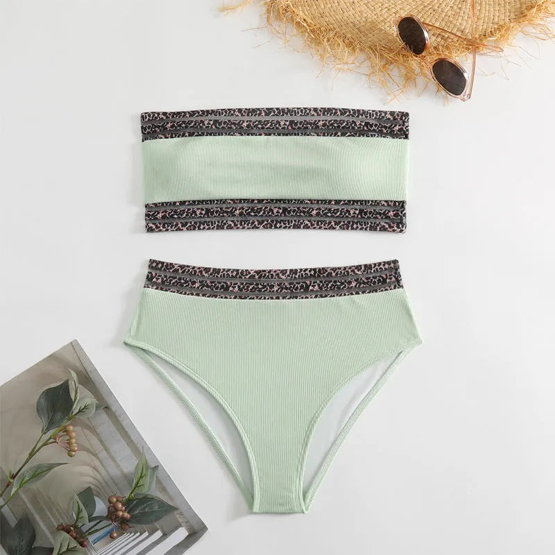 Black leopard print strapless bandeau bikini set with matching shorts