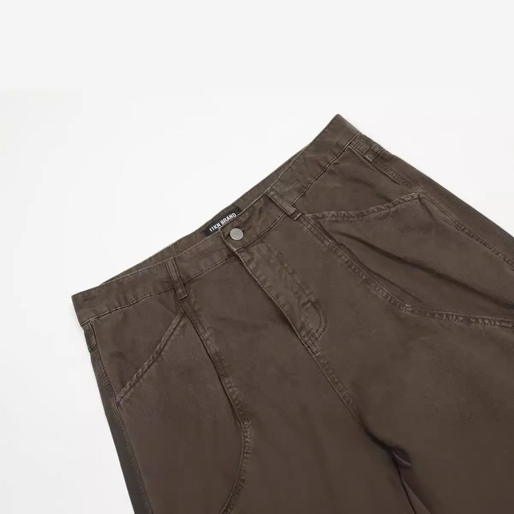 Men's loose straight-leg cotton trousers in brown with high-waist design and straight leg opening