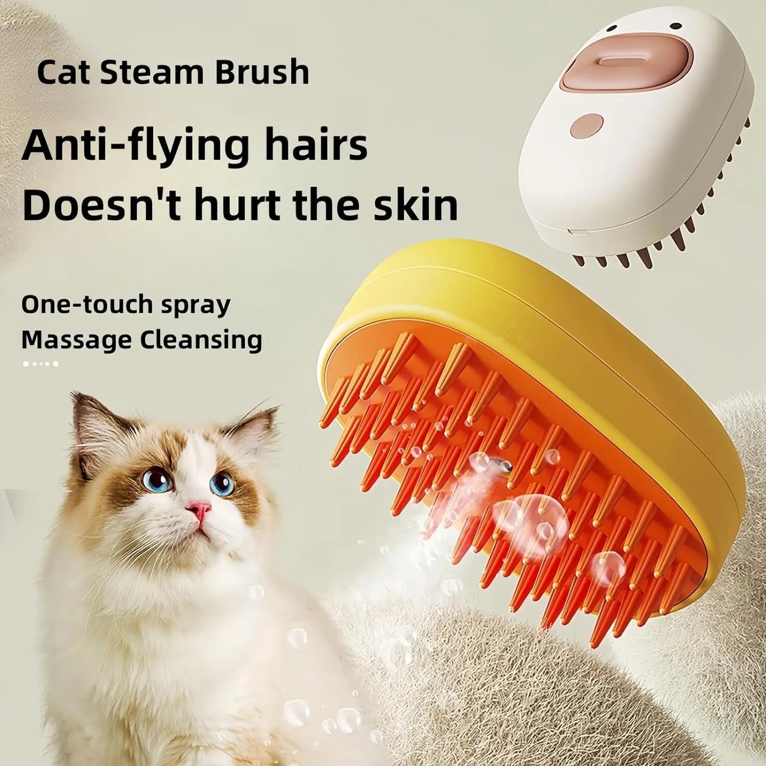 White rechargeable steam pet brush with rubber comb teeth and water tank for dog and cat grooming