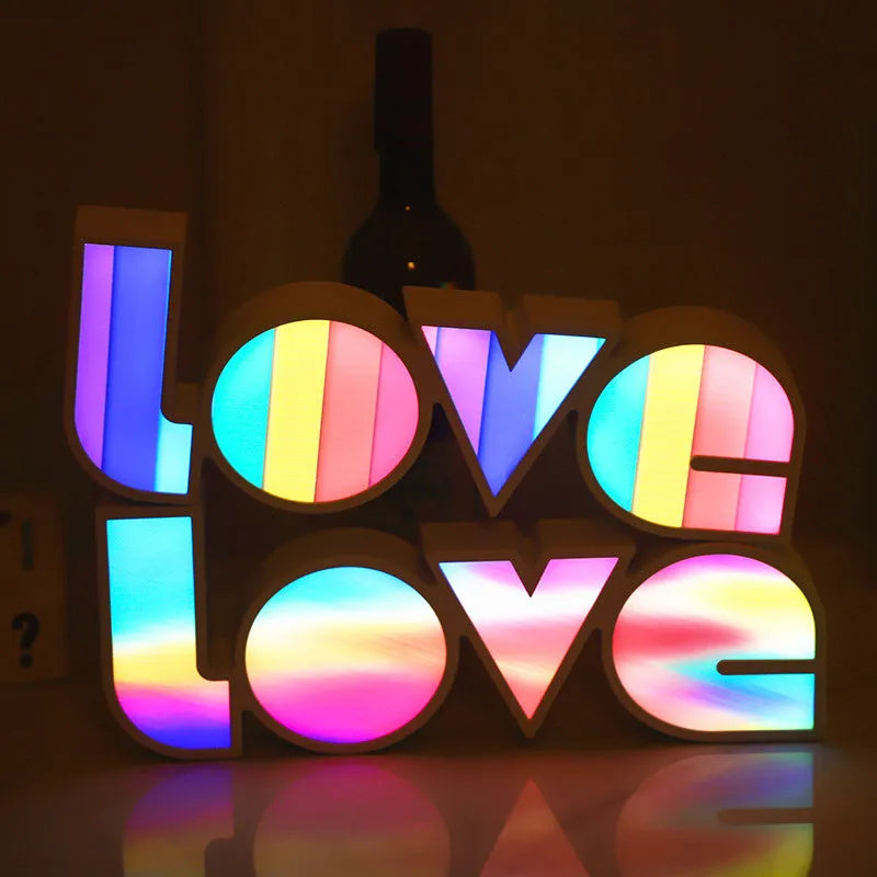 LED decorative light with rainbow lampshade displaying LOVE lettering for Valentine's Day decoration