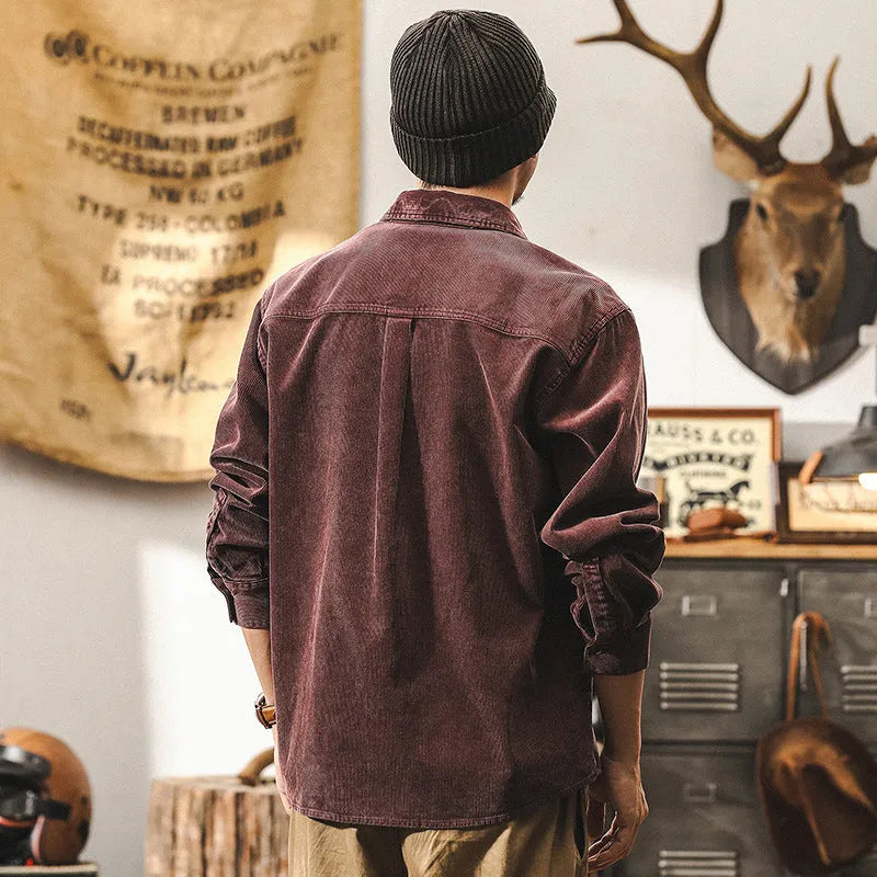 Men's retro corduroy shirt jacket in loose fit available in red or black colours