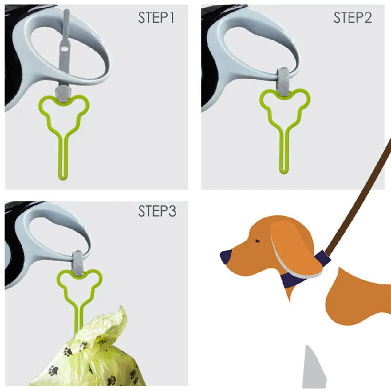 Dog poop bag holder with fixed clip and adjustable Velcro fastener on a leash.