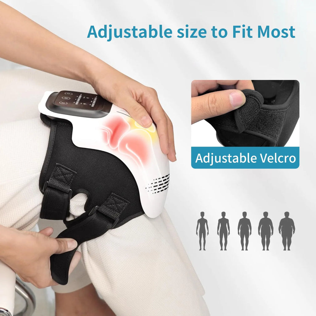 White electric knee massager unit showing controls, padding, and USB charging port.