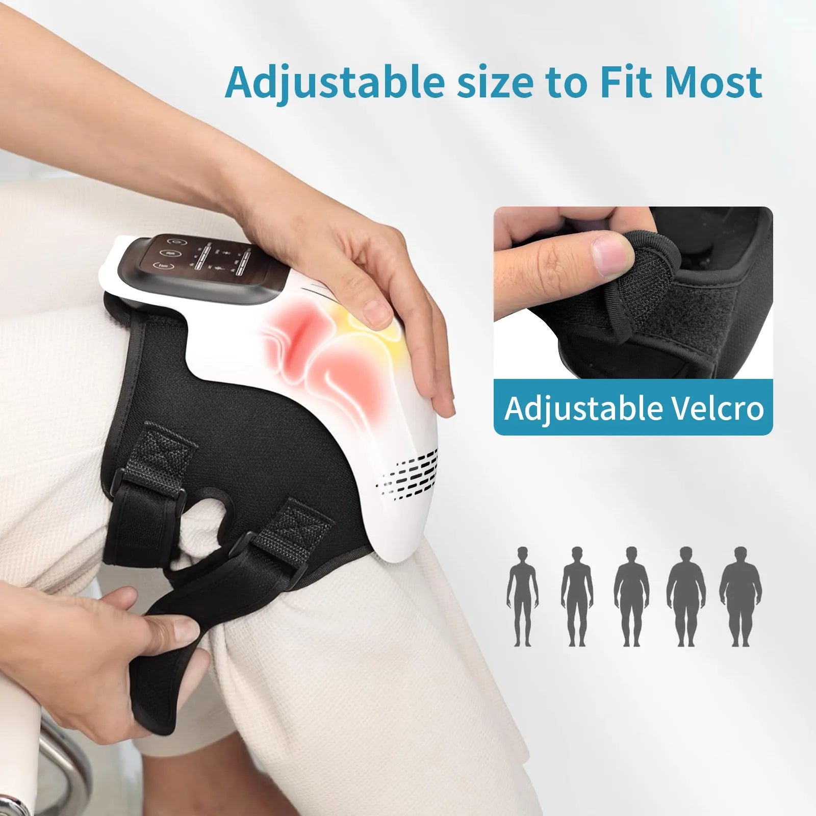 White electric knee massager unit showing controls, padding, and USB charging port.