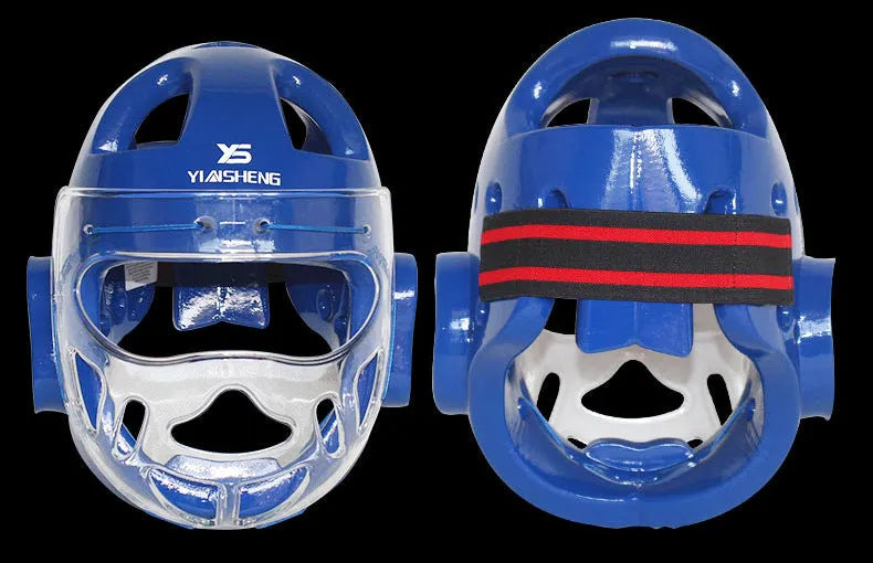 Karate training helmet for boxing head protection in blue colour with adjustable chin strap