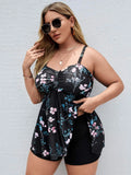 Women's one-piece floral print swimsuit in split colours on a mannequin, showing front design.