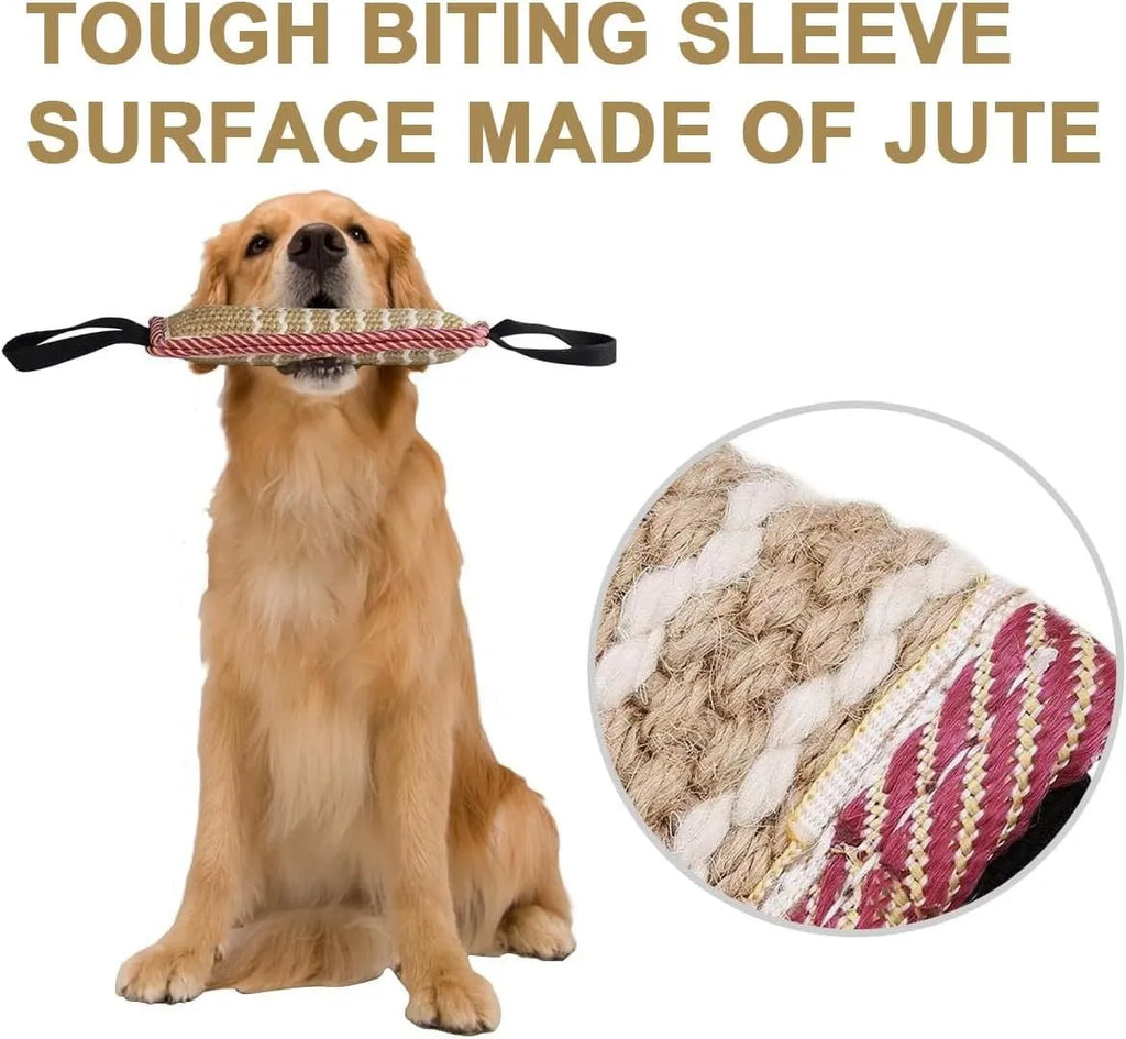 Beige jute dog tug toy with two fabric handles on a wooden floor