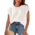 White loose fit pullover sweater with crochet detail on the sleeves and a round neck.