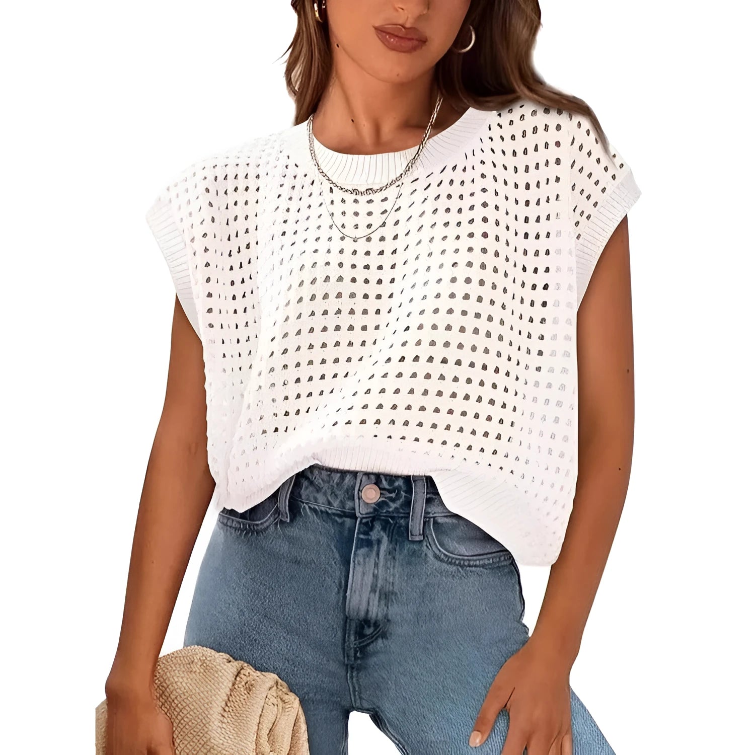 White loose fit pullover sweater with crochet detail on the sleeves and a round neck.