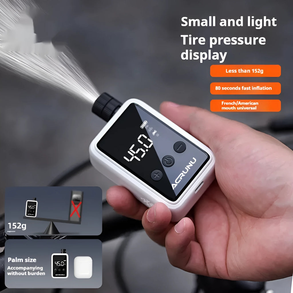 Bicycle intelligent high pressure digital display inflator in Moon White, with adapters, on a black background