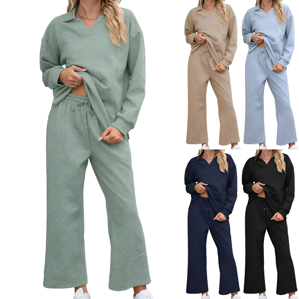 Women's solid colour knitted jacquard sweater and elastic waist cropped pants suit set with geometric pattern.