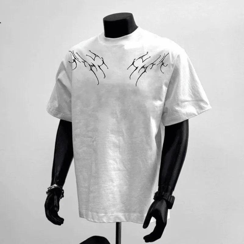 Men's black and white printed cotton t-shirt with loose fit design and short sleeves
