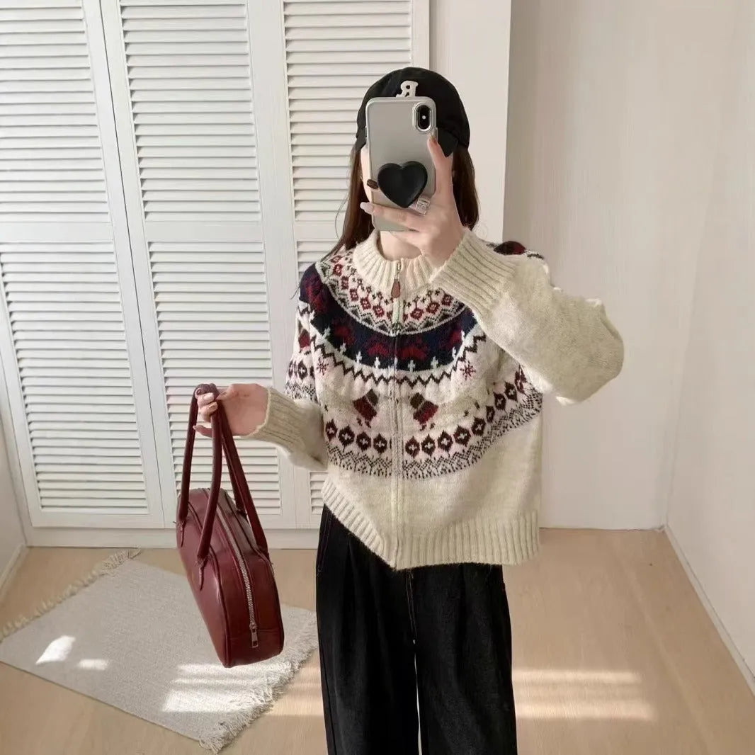 Ethnic style jacquard pullover sweater with 3D pattern in apricot colour