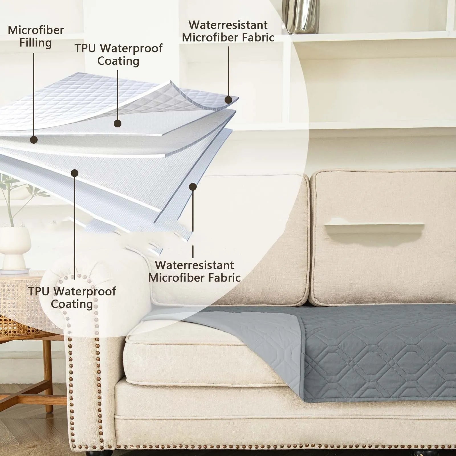 Reversible waterproof dog sofa cushion in dark grey and light grey contrast colours on a sofa.