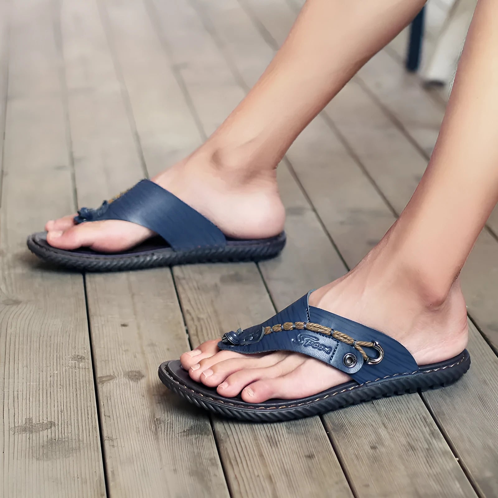 Men's black PU leather non-slip slippers on a plain background showing size and sole detail
