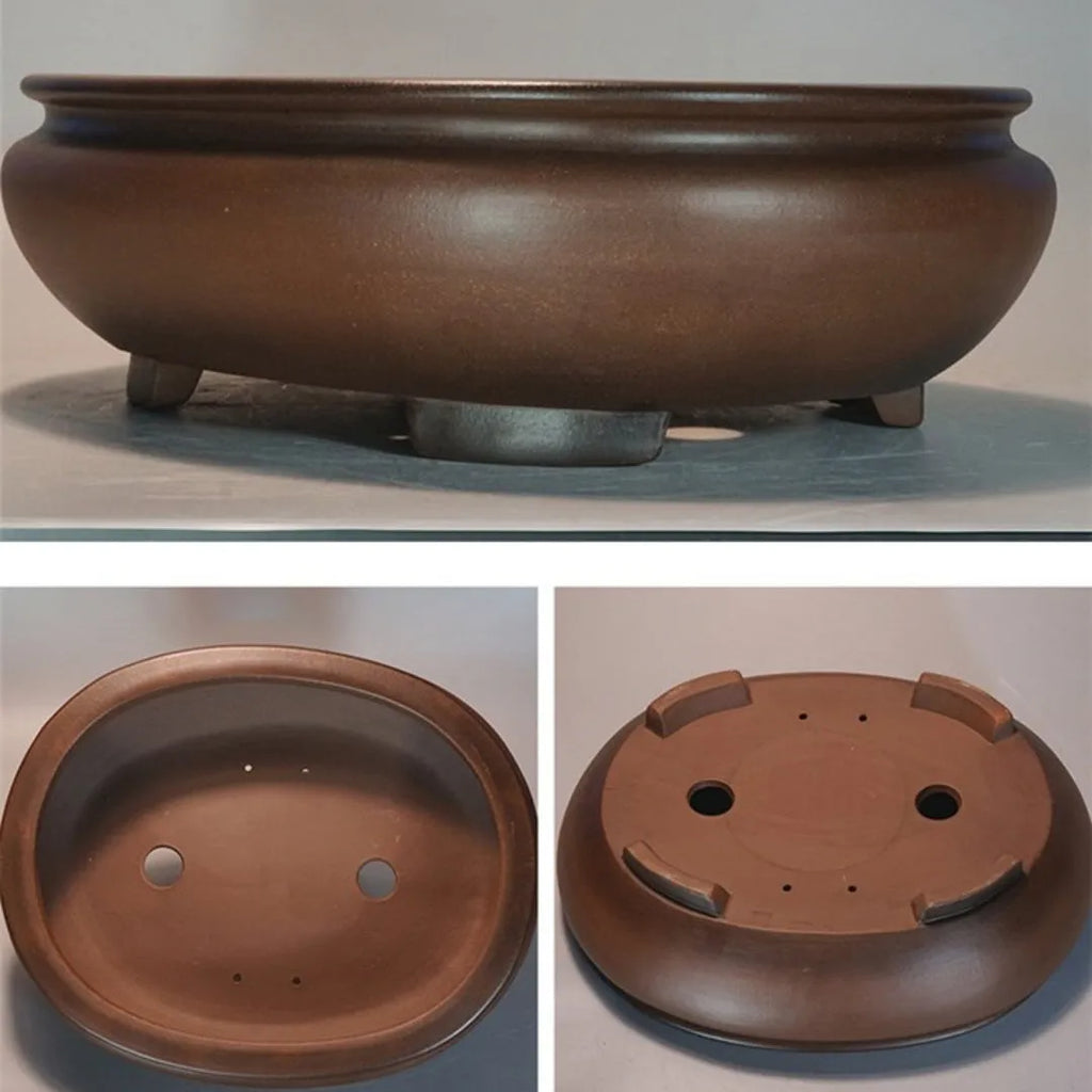 Handmade classical purple clay sand flowerpot on a desktop, showing its 58cm length and 18cm height.