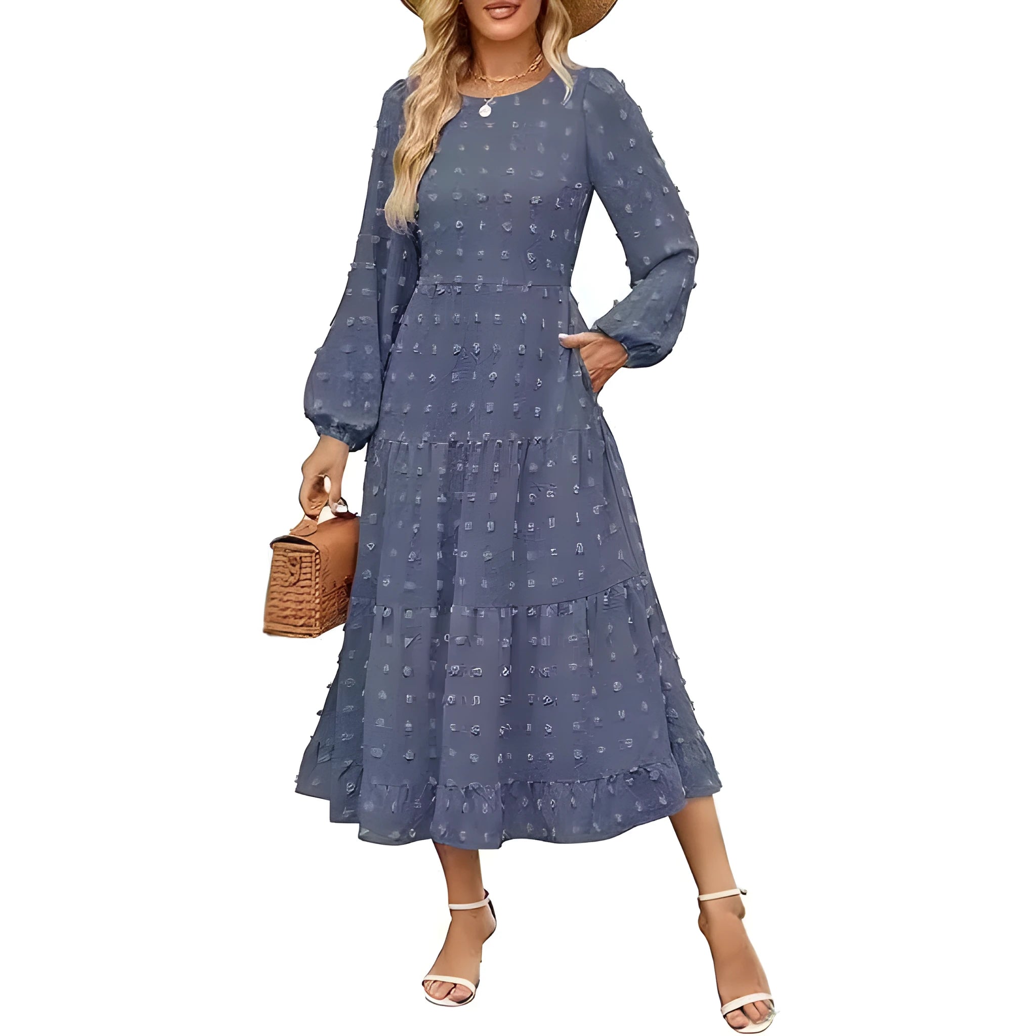 Beige casual long sleeve dress with ruffled sleeves and a high waist on a hanger