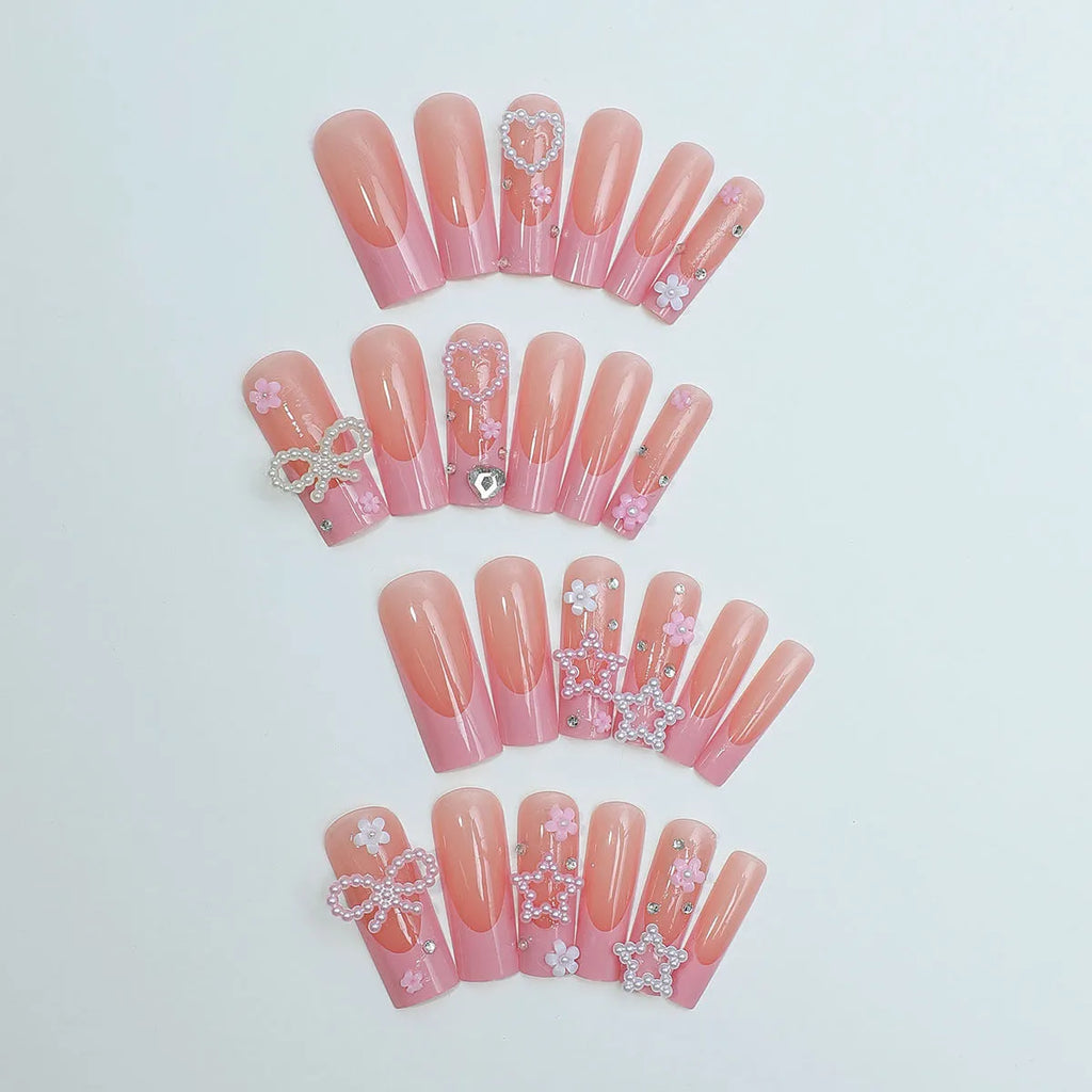 Super Long Water Pipe French Spot Drill Bow false nails with love pattern in XB-70-48 colour
