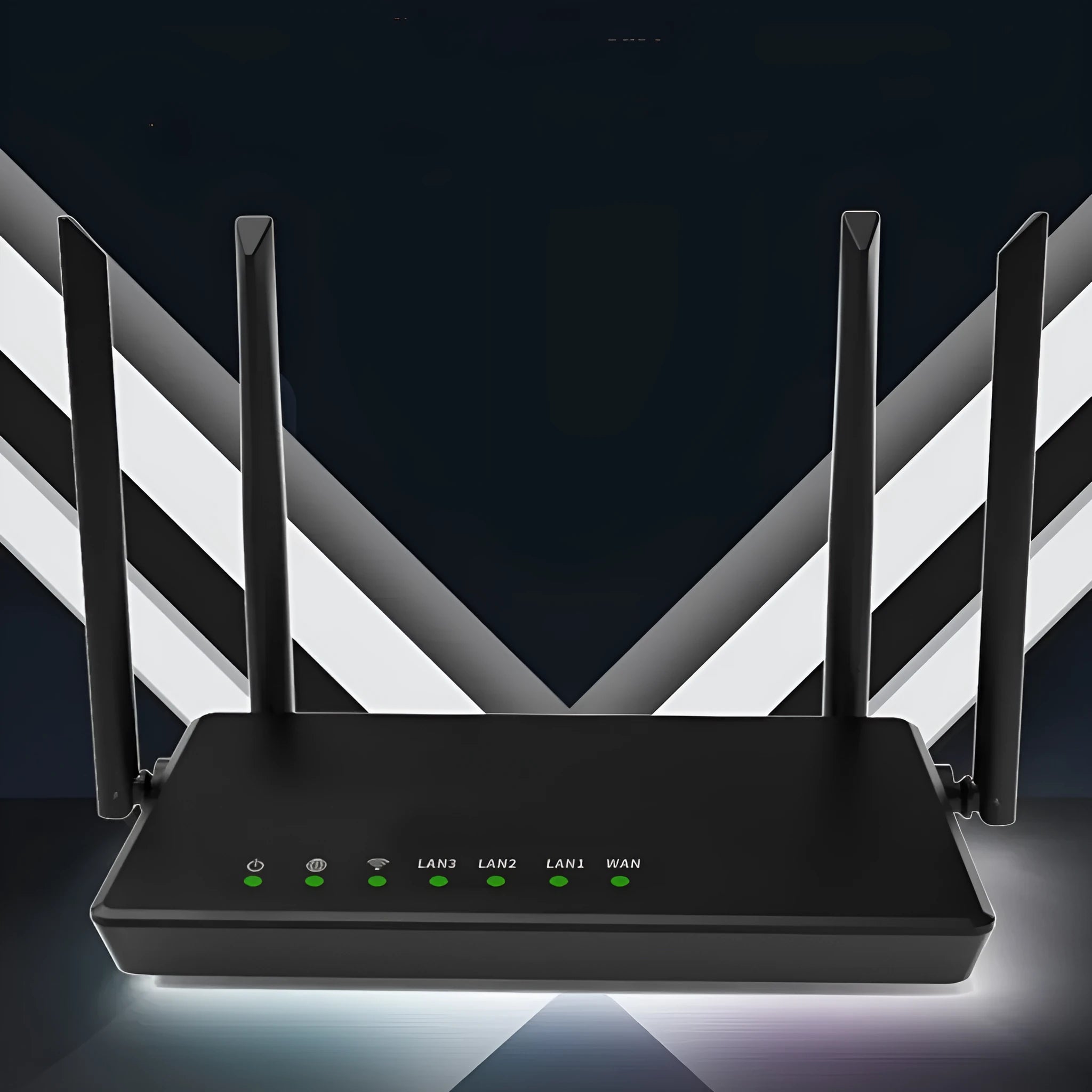 Portable 300 metre home WiFi router with metal construction showing interface ports